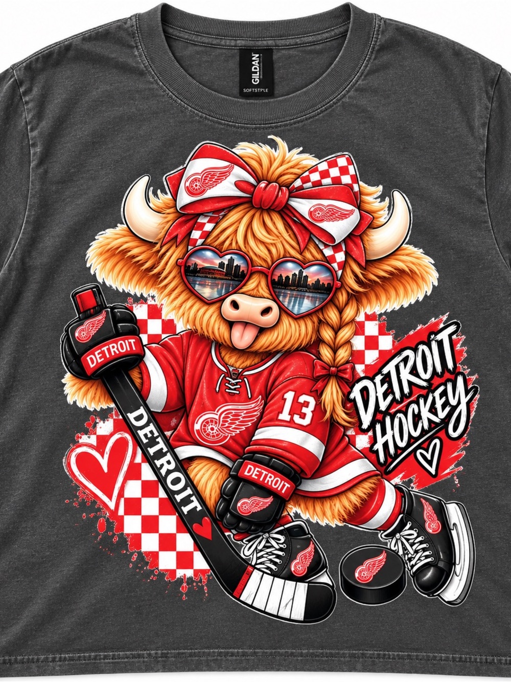 Gildan Black Tee with Red & White Detroit Hockey Highland Cow Graphic